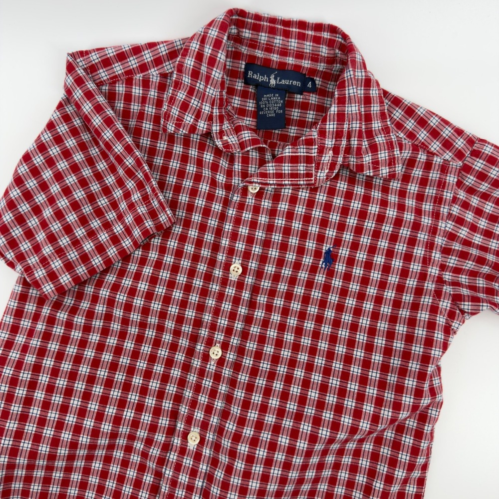 Ralph Lauren Kids Plaid Short Sleeve Button Up Shirt Red White Blue Size 4